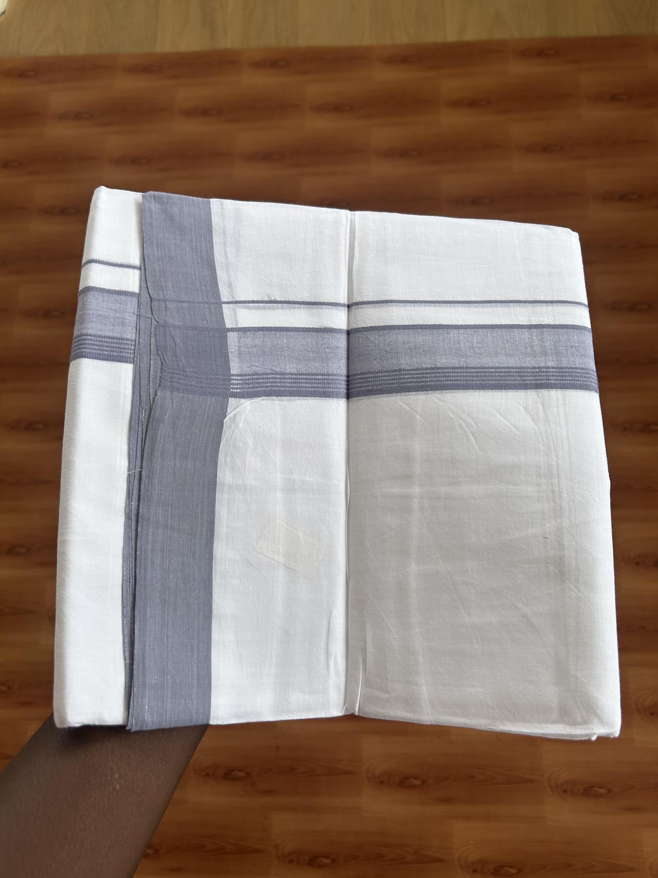Double Pure white Mundu / Dhothi - 20% Discount ! KaithariKada Balaramapuram - 100% Pure Cotton 100x80 - 1.5 inch Ash blue striped Kara 4.5 Meters (10 Muzham) - 24 KK5391 THI