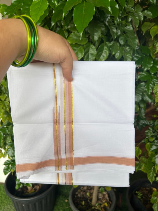 20% DISCOUNT!! Kaitharikada Balaramapuram 100% Pure Cotton PURE WHITE Double Mundu/Dothi - 100x80 - 0.75 Inch Pastel Orange  & Gold Kasavu shaded Stripes Puliyilakkara Chutty - 43KK5217 CKS