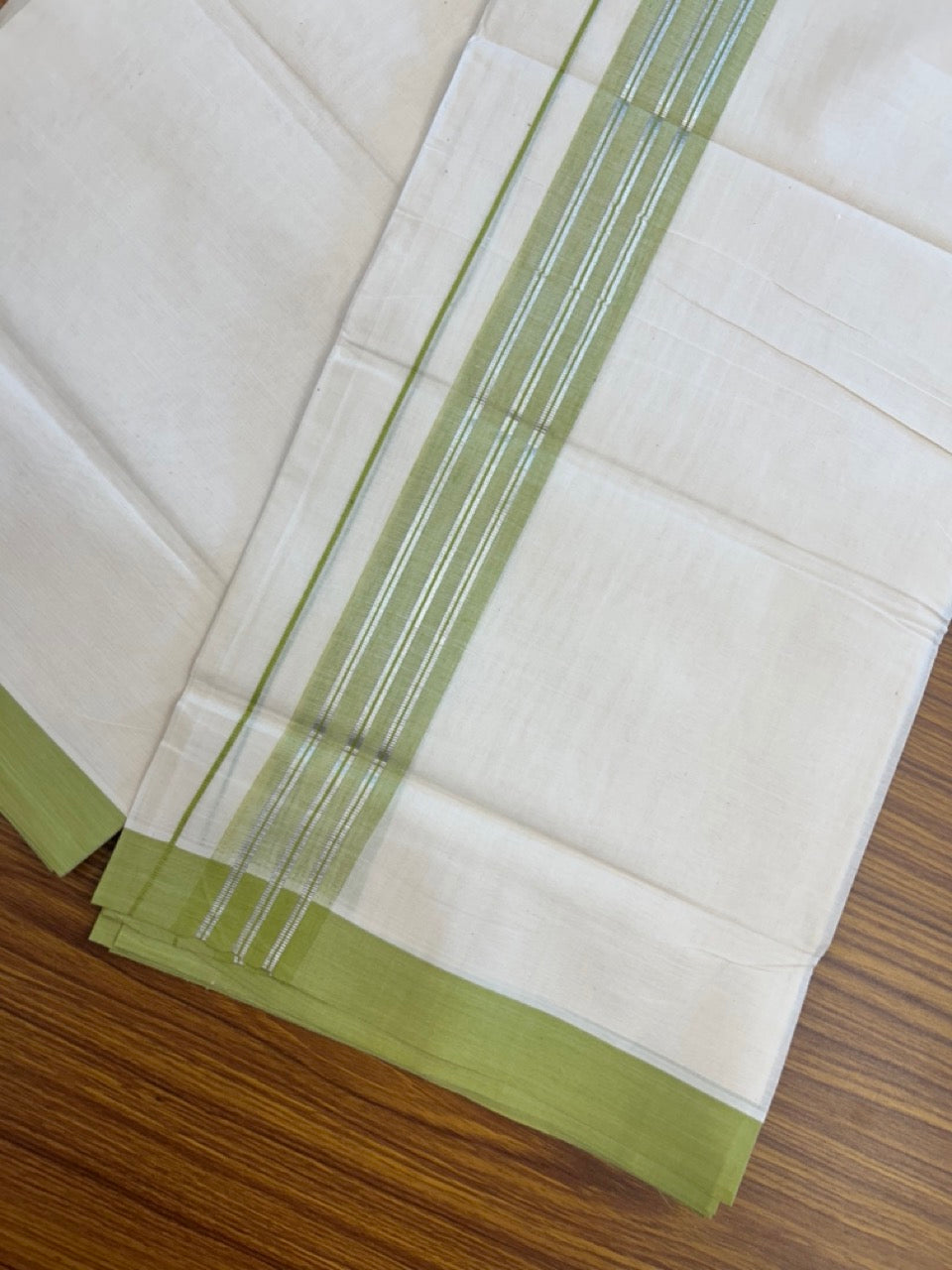 20% Discount ! KaithariKada Balaramapuram 100% Cotton Off White (Unbleached) Double Mundu/Dhoti - 80s - 2 inch Silver Kasav & Mustard Green Shaded Stripes kara 4 mtr (8.5 muzham) - 18 KK5302 MUT