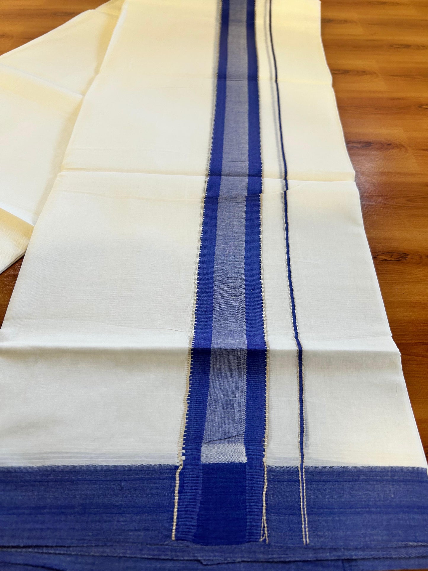 Pure White Double Mundu/Dothi - 20% Discount ! Kaitharikada 100% Cotton 100x100 - 1.75 inch Silver Kasav & Dark Blue Shaded Stripes Kara 3.80 m (8 muzham) - 4 KK5476 MC