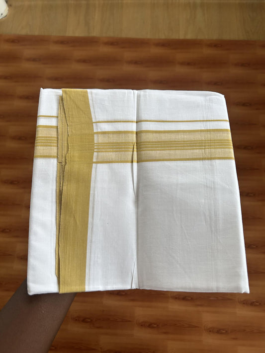 20% Discount ! KaithariKada Balaramapuram - 100% Pure Cotton Pure white Double Mundu/Dhothi 100x80 - 1.5 inch Mustard Yellow striped Kara  4.5 Meters (10 Muzham) - 20 KK5391 THI