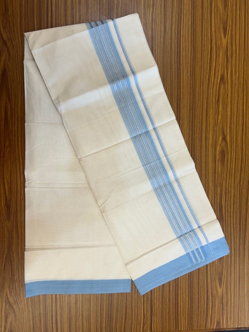 20% Discount ! KaithariKada Balaramapuram 100% Cotton Off White (Unbleached) Double Mundu/Dhoti - 80s - 2 inch Silver Kasav & Baby Blue Shaded Stripes kara 4 mtr (8.5 muzham) - 14 KK5302 MUT