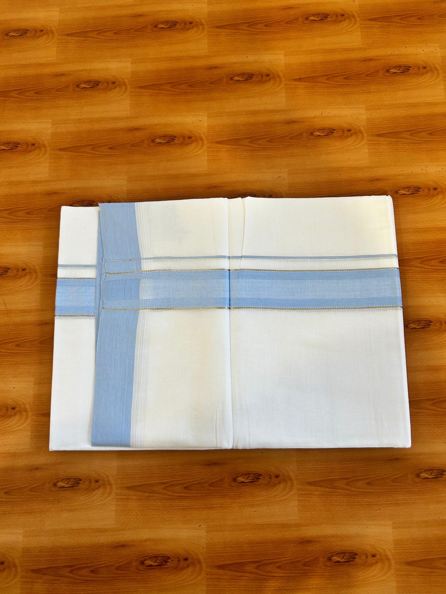 Pure White Double Mundu/Dothi - 20% Discount ! Kaitharikada 100% Cotton 100x100 - 1.5 inch Silver Kasav & Sky Blue Shaded Stripes Kara 3.80 m (8 muzham) - 5 KK5476 MC