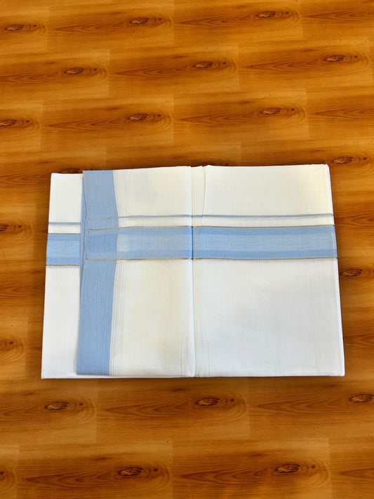 Pure White Double Mundu/Dothi - 20% Discount ! Kaitharikada 100% Cotton 100x100 - 1.5 inch Silver Kasav & Sky Blue Shaded Stripes Kara 3.80 m (8 muzham) - 5 KK5476 MC