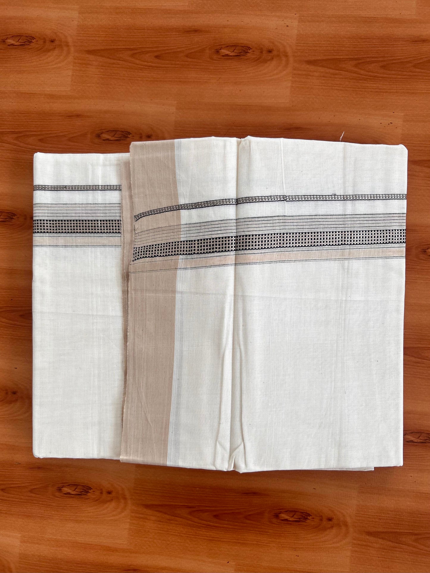 Double Off White  Mundu/Dhoti- 20% Discount! KaithariKada Balaramapuram Pure Cotton - 100x100 - 1.25 inch Silver Kasav & Light Peach & Black Design Striped Kara - 4mtr (8.5muzham) - 5 KK5428 VAS