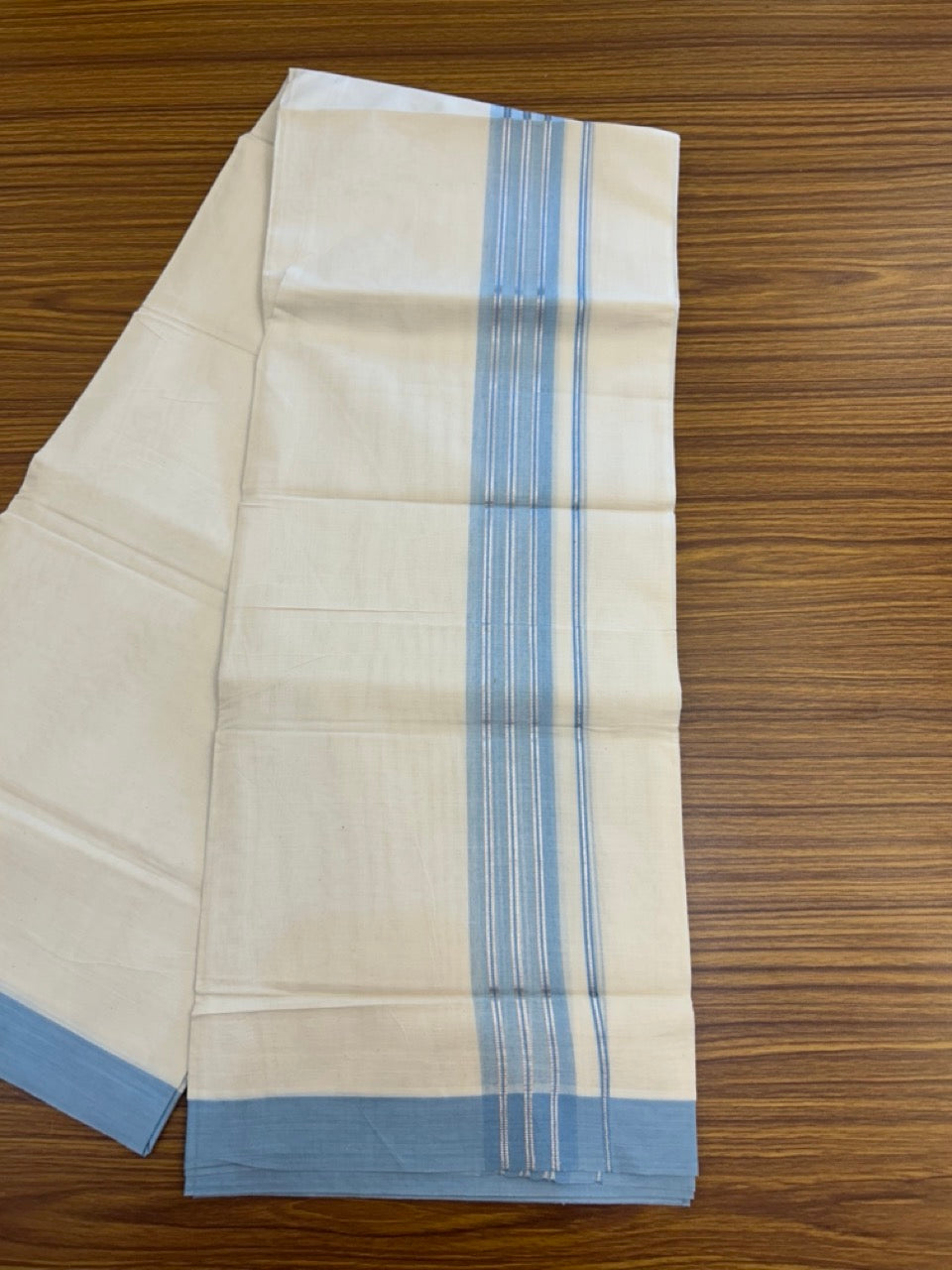 20% Discount ! KaithariKada Balaramapuram 100% Cotton Off White (Unbleached) Double Mundu/Dhoti - 80s - 2 inch Silver Kasav & Baby Blue Shaded Stripes kara 4 mtr (8.5 muzham) - 14 KK5302 MUT