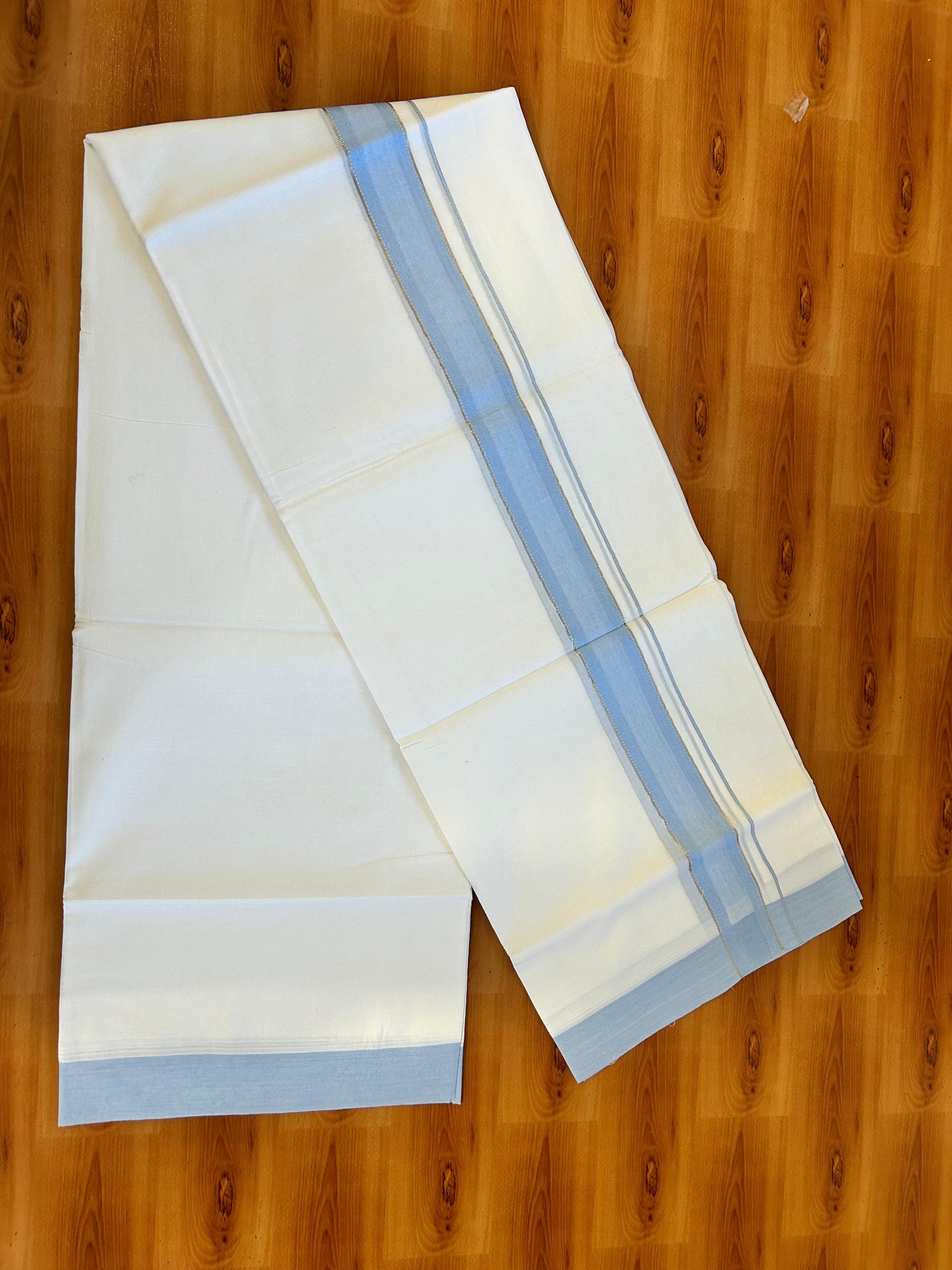 Pure White Double Mundu/Dothi - 20% Discount ! Kaitharikada 100% Cotton 100x100 - 1.5 inch Silver Kasav & Sky Blue Shaded Stripes Kara 3.80 m (8 muzham) - 5 KK5476 MC