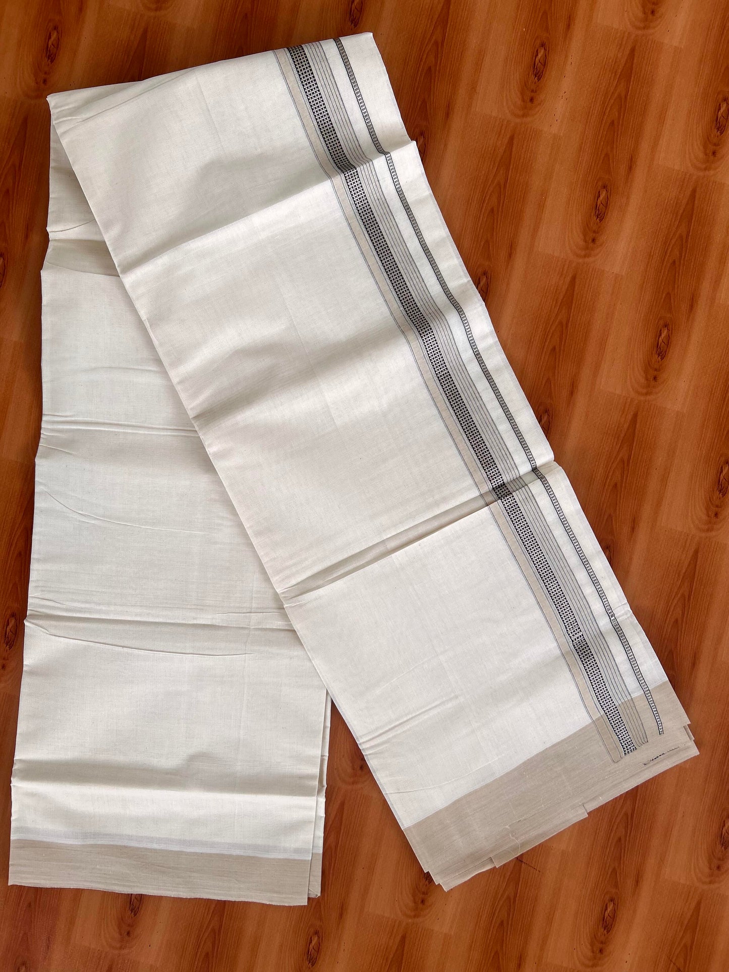 Double Off White  Mundu/Dhoti- 20% Discount! KaithariKada Balaramapuram Pure Cotton - 100x100 - 1.25 inch Silver Kasav & Light Peach & Black Design Striped Kara - 4mtr (8.5muzham) - 5 KK5428 VAS