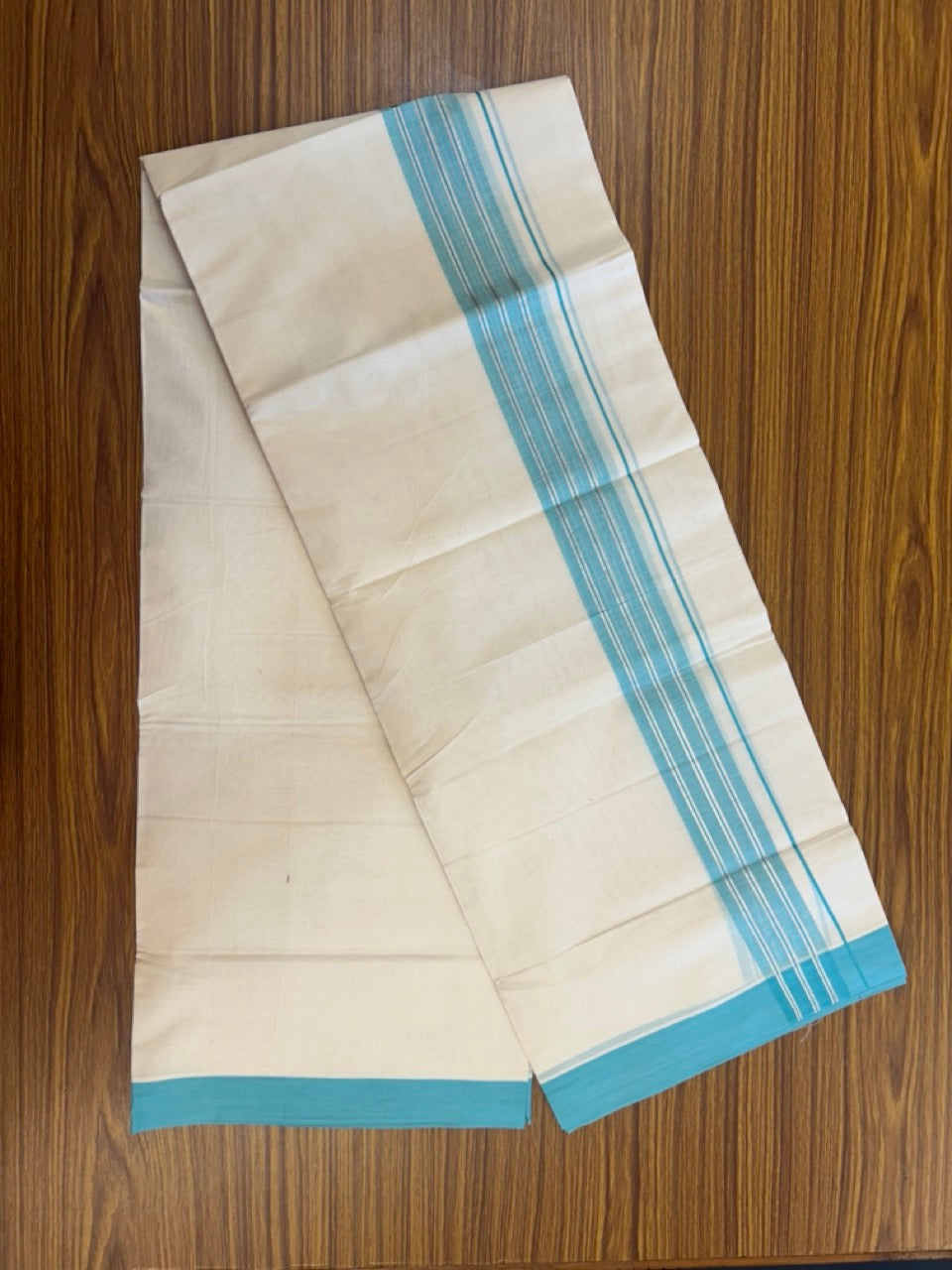 20% Discount ! KaithariKada Balaramapuram 100% Cotton Off White (Unbleached) Double Mundu/Dhoti - 80s - 2 inch Silver Kasav & Cyan Shaded Stripes kara 4 mtr (8.5 muzham) - 13 KK5302 MUT