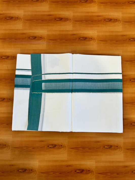 Pure White Double Mundu/Dothi - 20% Discount ! Kaitharikada 100% Cotton 100x100 - 1.75 inch Silver Kasav & Peacock Green Shaded Stripes Kara 3.80 m (8 muzham) - 6 KK5476 MC