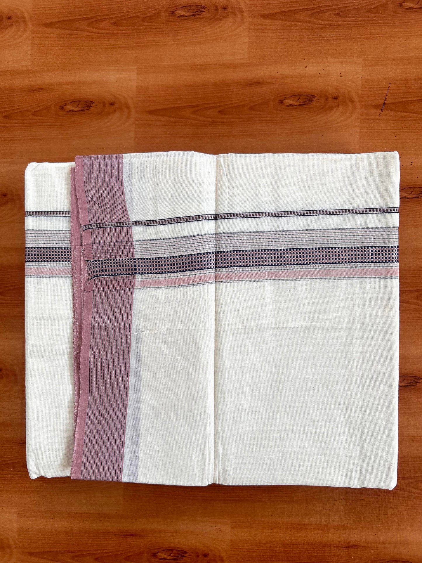 Double Off White  Mundu/Dhoti- 20% Discount! KaithariKada Balaramapuram Pure Cotton - 100x100 - 1.25 inch Silver Kasav & Pink & Navy Blue Design Striped Kara - 4mtr (8.5muzham) - 3 KK5428 VAS