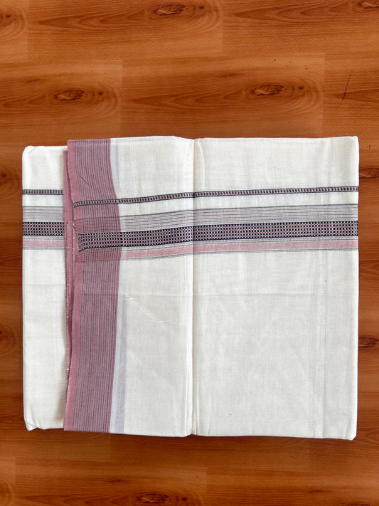 Double Off White  Mundu/Dhoti- 20% Discount! KaithariKada Balaramapuram Pure Cotton - 100x100 - 1.25 inch Silver Kasav & Pink & Navy Blue Design Striped Kara - 4mtr (8.5muzham) - 3 KK5428 VAS