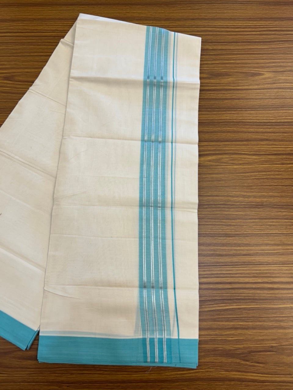 20% Discount ! KaithariKada Balaramapuram 100% Cotton Off White (Unbleached) Double Mundu/Dhoti - 80s - 2 inch Silver Kasav & Cyan Shaded Stripes kara 4 mtr (8.5 muzham) - 13 KK5302 MUT