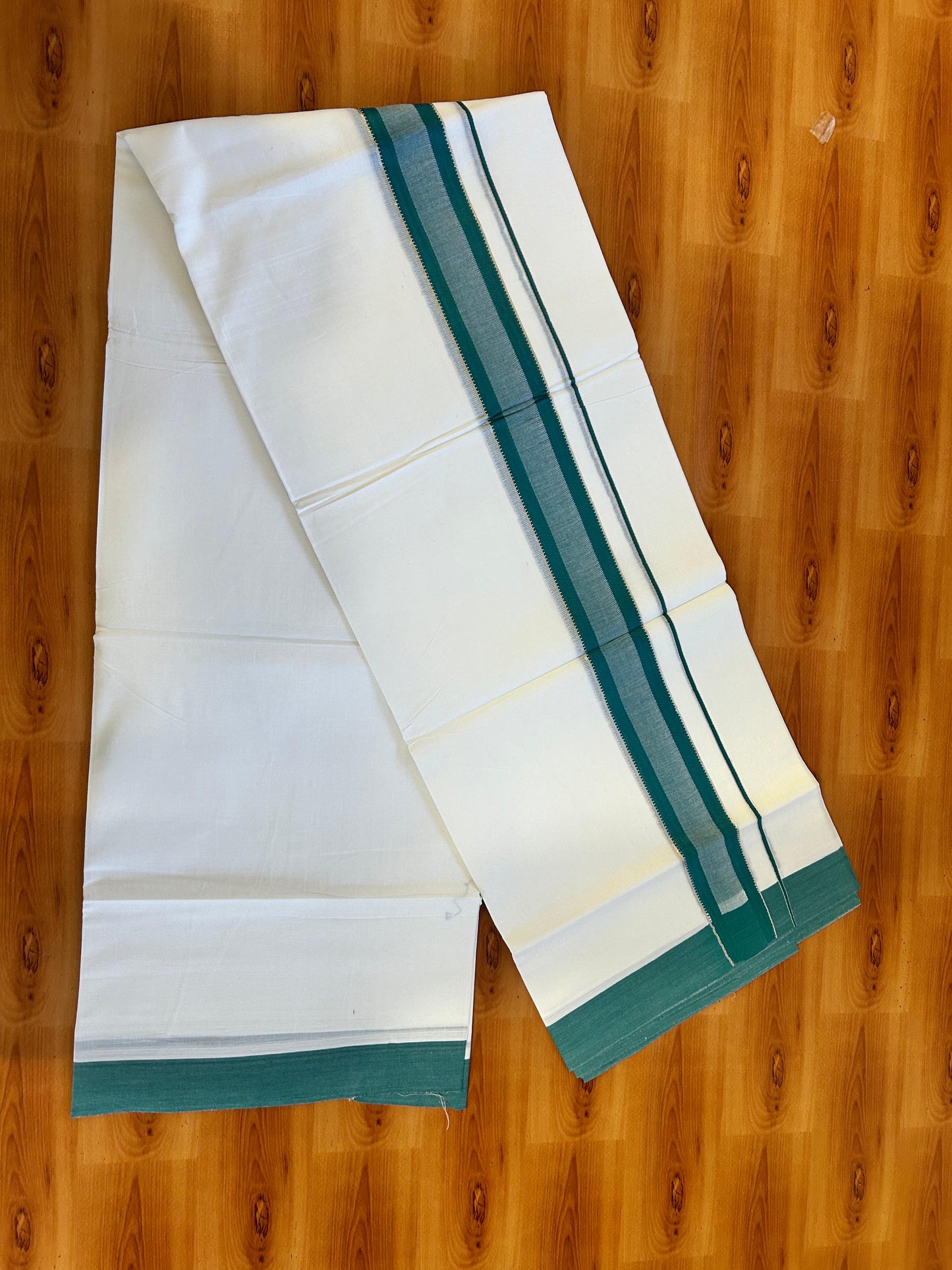 Pure White Double Mundu/Dothi - 20% Discount ! Kaitharikada 100% Cotton 100x100 - 1.75 inch Silver Kasav & Peacock Green Shaded Stripes Kara 3.80 m (8 muzham) - 6 KK5476 MC