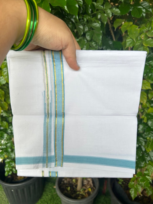 20% DISCOUNT!! Kaitharikada Balaramapuram 100% Pure Cotton PURE WHITE Double Mundu/Dothi - 100x80 - 0.75 Inch Cyan Blue & Gold Kasavu shaded Stripes Puliyilakkara Chutty - 39KK5217 CKS