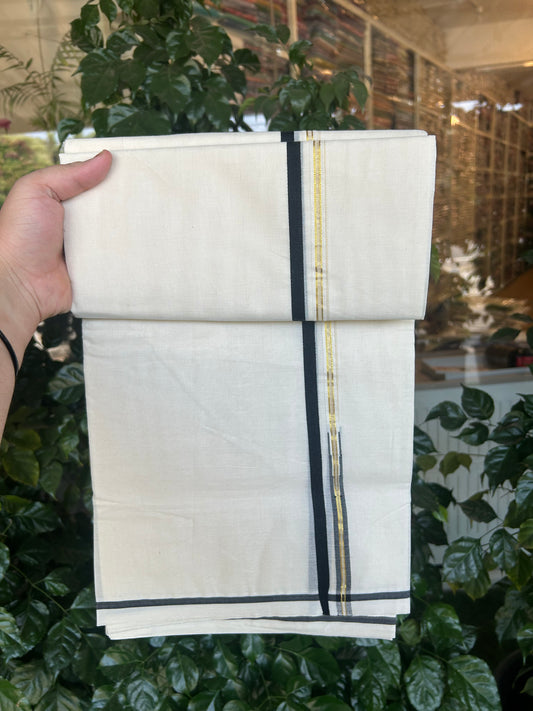 13% Discount!!! KaithariKada Balaramapuram 100% Cotton off white (Unbleached) Double Mundu/Dhoti-100x100  1.cm Chutty Black & Kasavu-28