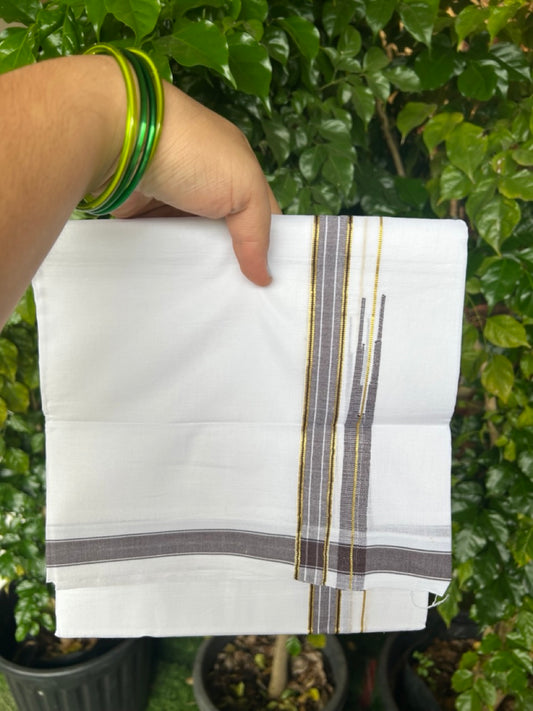 20% DISCOUNT!! Kaitharikada Balaramapuram 100% Pure Cotton PURE WHITE Double Mundu/Dothi - 100x80 - 0.75 Inch Dark Brown & Gold Kasavu shaded Stripes Puliyilakkara Chutty - 38KK5217 CKS