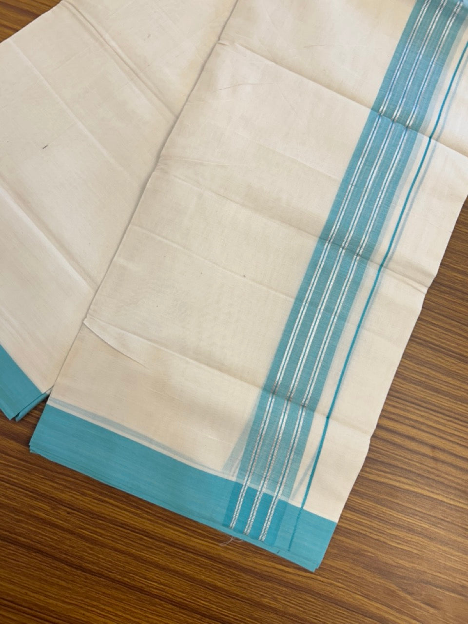 20% Discount ! KaithariKada Balaramapuram 100% Cotton Off White (Unbleached) Double Mundu/Dhoti - 80s - 2 inch Silver Kasav & Cyan Shaded Stripes kara 4 mtr (8.5 muzham) - 13 KK5302 MUT