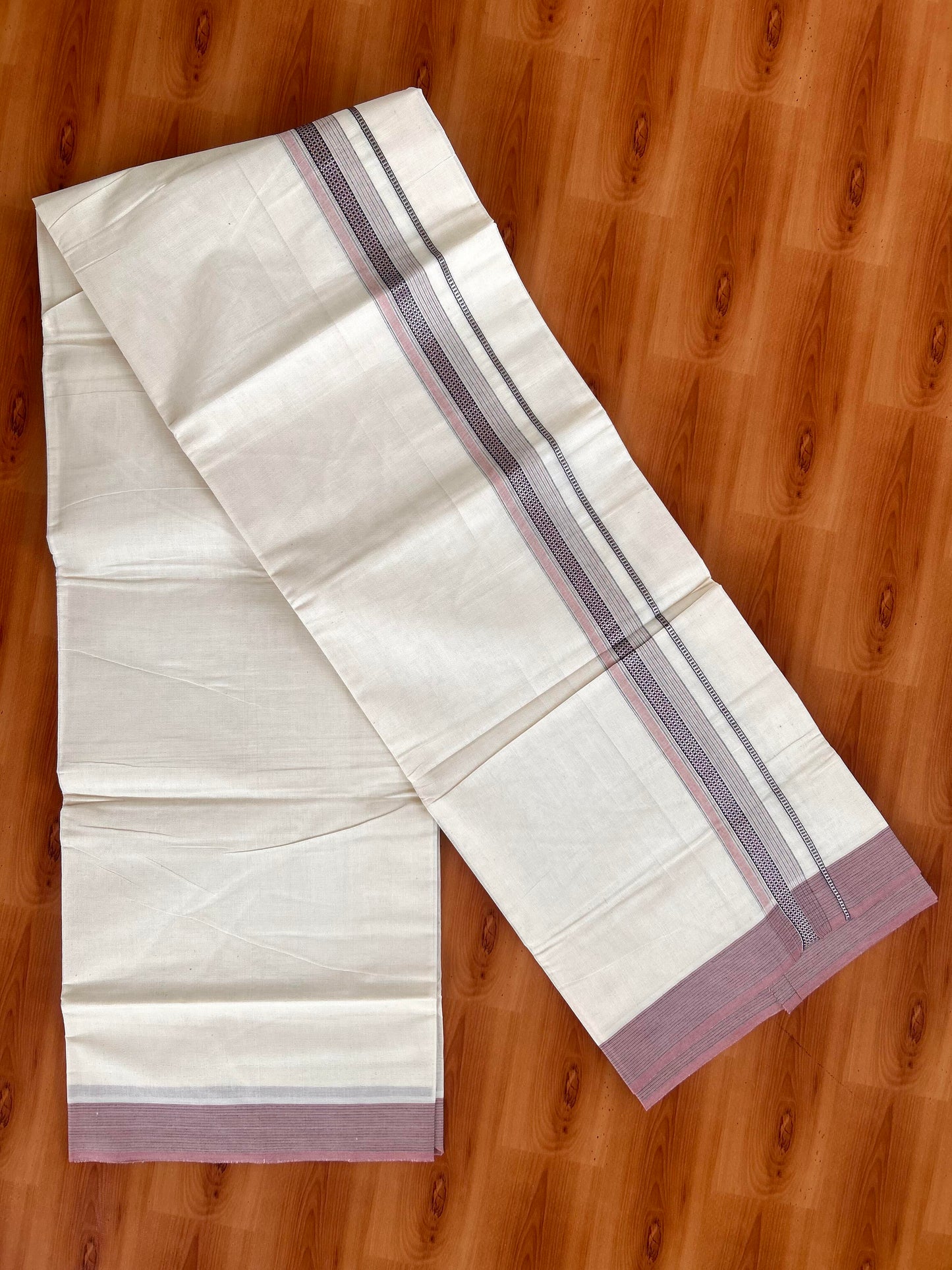 Double Off White  Mundu/Dhoti- 20% Discount! KaithariKada Balaramapuram Pure Cotton - 100x100 - 1.25 inch Silver Kasav & Pink & Navy Blue Design Striped Kara - 4mtr (8.5muzham) - 3 KK5428 VAS