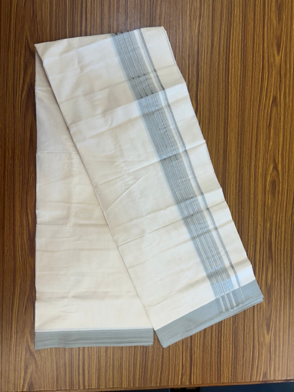 20% Discount ! KaithariKada Balaramapuram 100% Cotton Off White (Unbleached) Double Mundu/Dhoti - 80s - 2 inch Silver Kasav & Grey Shaded Stripes kara 4 mtr (8.5 muzham) - 16 KK5302 MUT