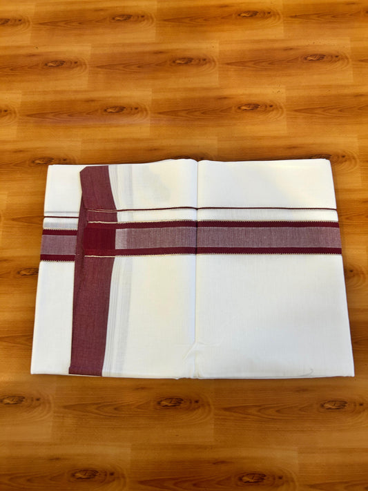 Pure White Double Mundu/Dothi - 20% Discount ! Kaitharikada 100% Cotton 100x100 - 1.5 inch Silver Kasav & Maroon Shaded Stripes Kara 3.80 m (8 muzham) - 7 KK5476 MC