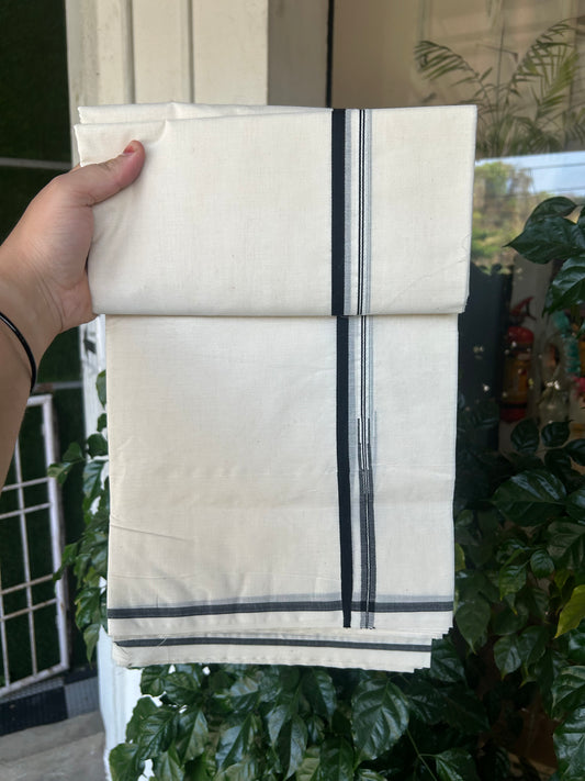 21% Discount !! KaithariKada Balaramapuram 100% Cotton Double Off White - (Unbleached) Mundu/Dhoti - 100x100 0.25 inch  Puliyilakkara Black Chutty Kara - 1KK5145ASH