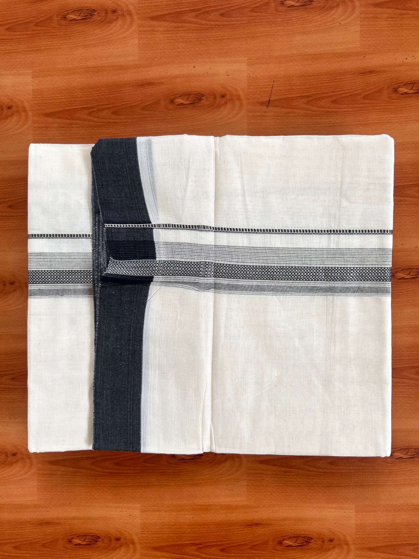 Double Off White Mundu/Dhoti- 20% Discount! KaithariKada Balaramapuram Pure Cotton - 100x100 - 1.25 inch Silver Kasav & Ash Blue & Black Design Striped Kara - 4mtr (8.5muzham) - 10 KK5428 VAS