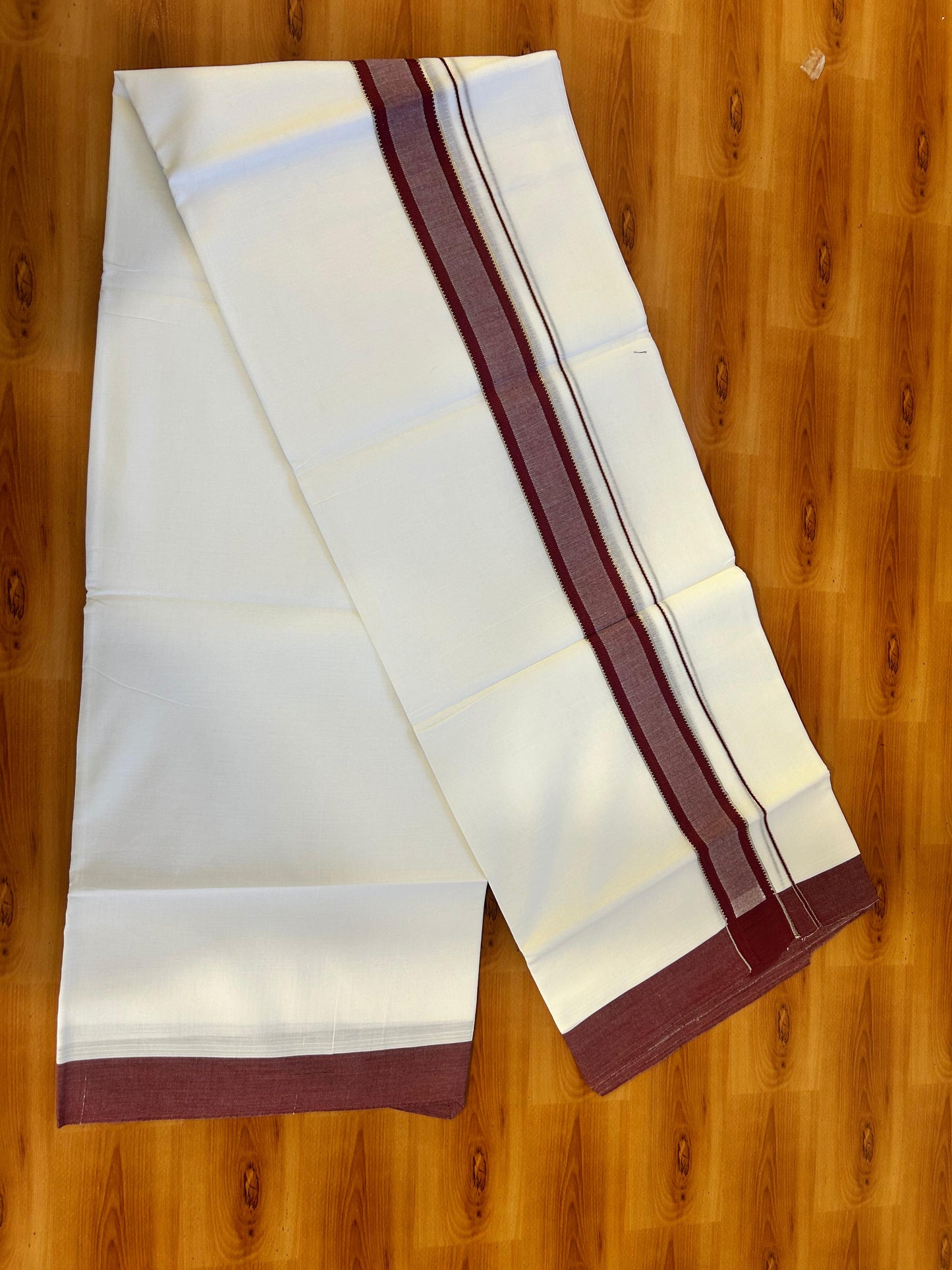 Pure White Double Mundu/Dothi - 20% Discount ! Kaitharikada 100% Cotton 100x100 - 1.5 inch Silver Kasav & Maroon Shaded Stripes Kara 3.80 m (8 muzham) - 7 KK5476 MC
