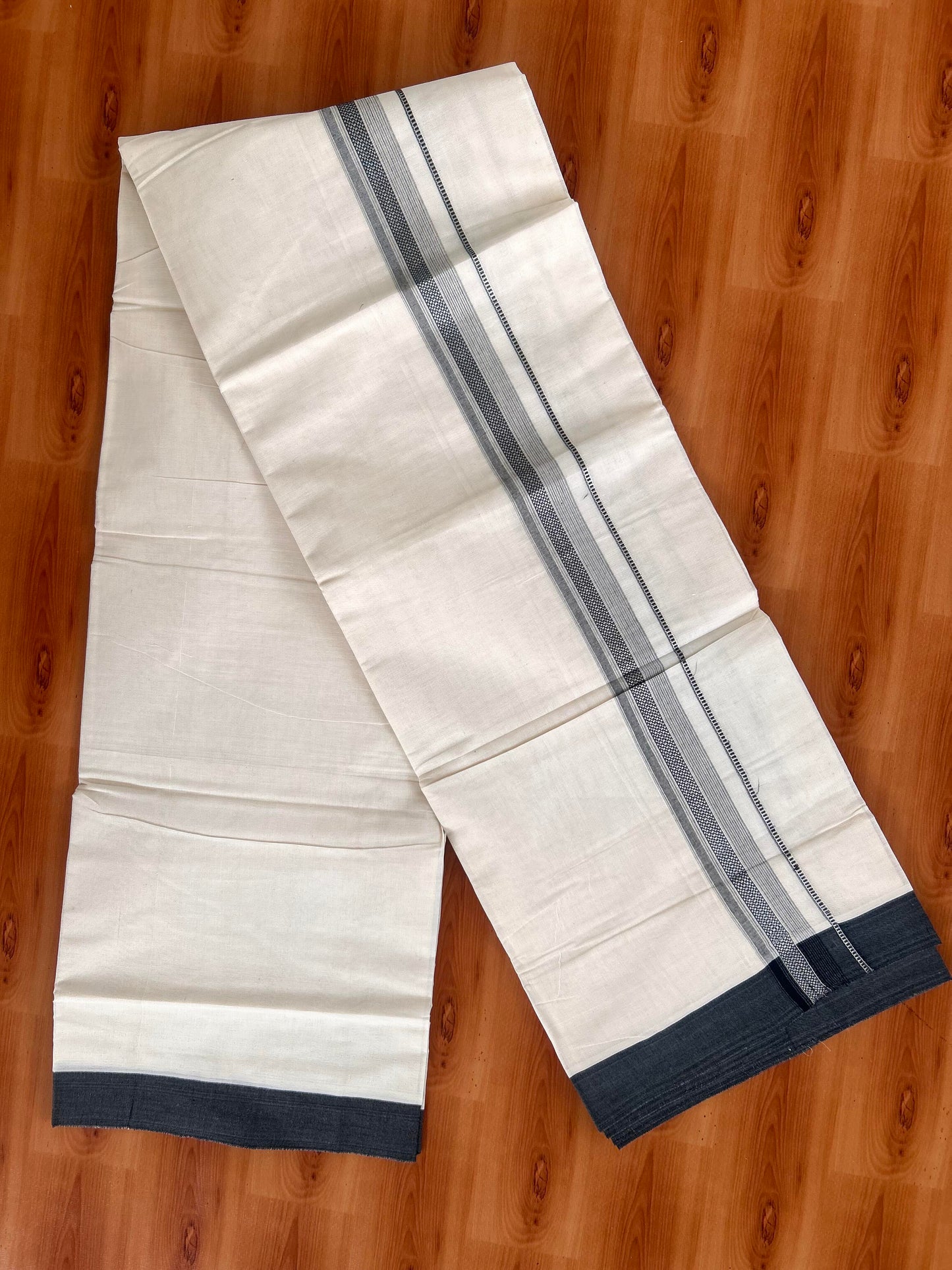Double Off White Mundu/Dhoti- 20% Discount! KaithariKada Balaramapuram Pure Cotton - 100x100 - 1.25 inch Silver Kasav & Ash Blue & Black Design Striped Kara - 4mtr (8.5muzham) - 10 KK5428 VAS