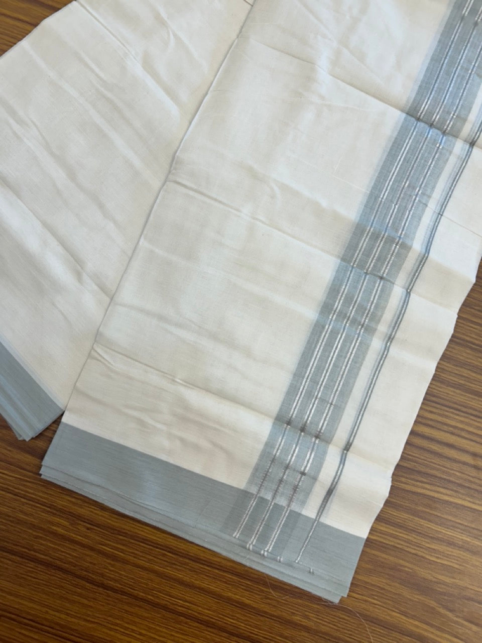 20% Discount ! KaithariKada Balaramapuram 100% Cotton Off White (Unbleached) Double Mundu/Dhoti - 80s - 2 inch Silver Kasav & Grey Shaded Stripes kara 4 mtr (8.5 muzham) - 16 KK5302 MUT