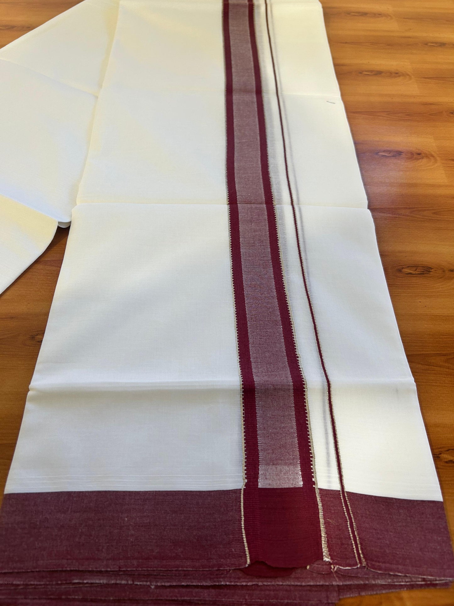Pure White Double Mundu/Dothi - 20% Discount ! Kaitharikada 100% Cotton 100x100 - 1.5 inch Silver Kasav & Maroon Shaded Stripes Kara 3.80 m (8 muzham) - 7 KK5476 MC