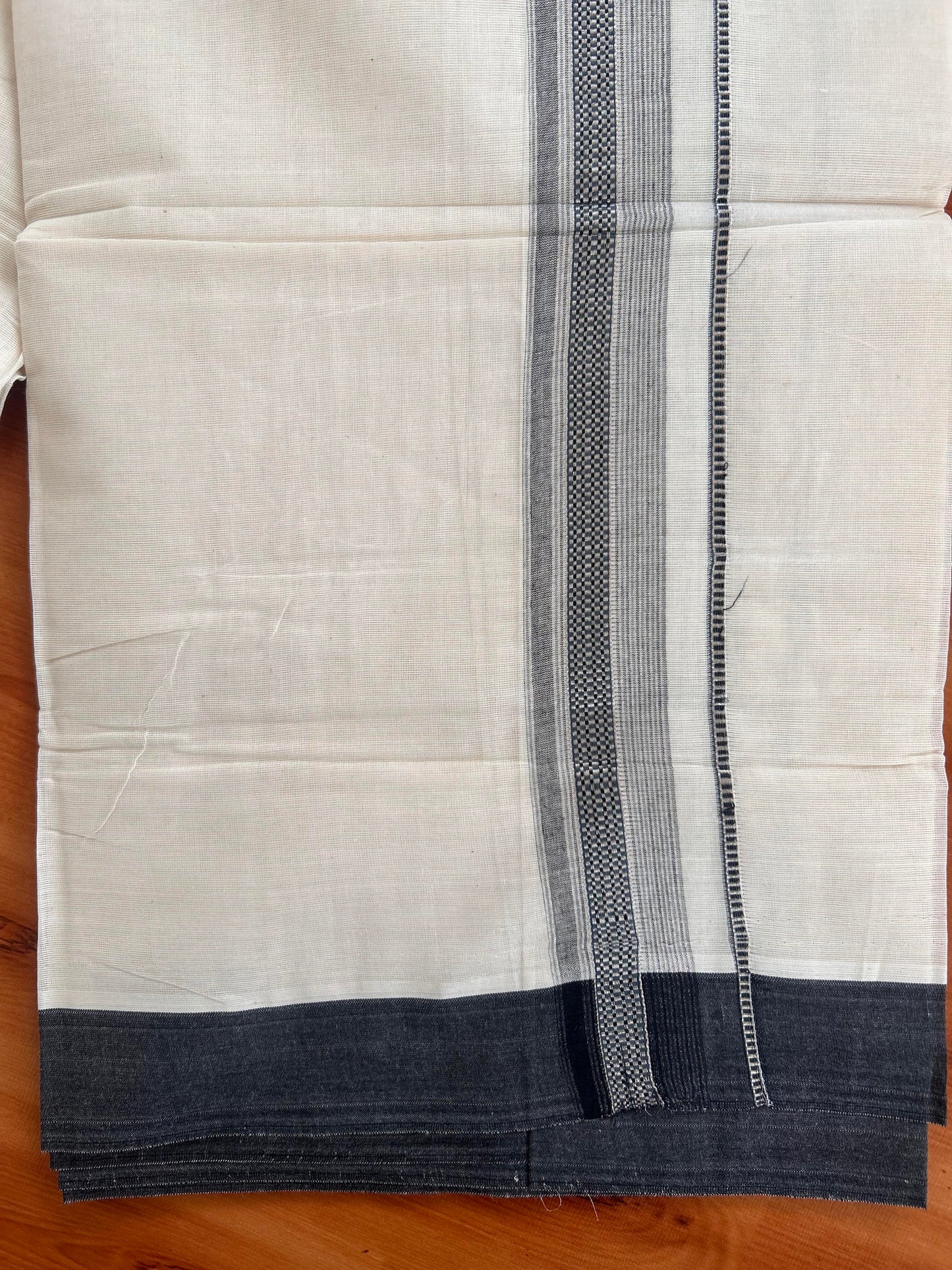 Double Off White Mundu/Dhoti- 20% Discount! KaithariKada Balaramapuram Pure Cotton - 100x100 - 1.25 inch Silver Kasav & Ash Blue & Black Design Striped Kara - 4mtr (8.5muzham) - 10 KK5428 VAS