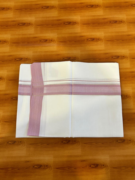 Pure White Double Mundu/Dothi - 20% Discount ! Kaitharikada 100% Cotton 100x100 - 1.5 inch Silver Kasav & Pastel Pink Shaded Stripes Kara 3.80 m (8 muzham) - 8 KK5476 MC