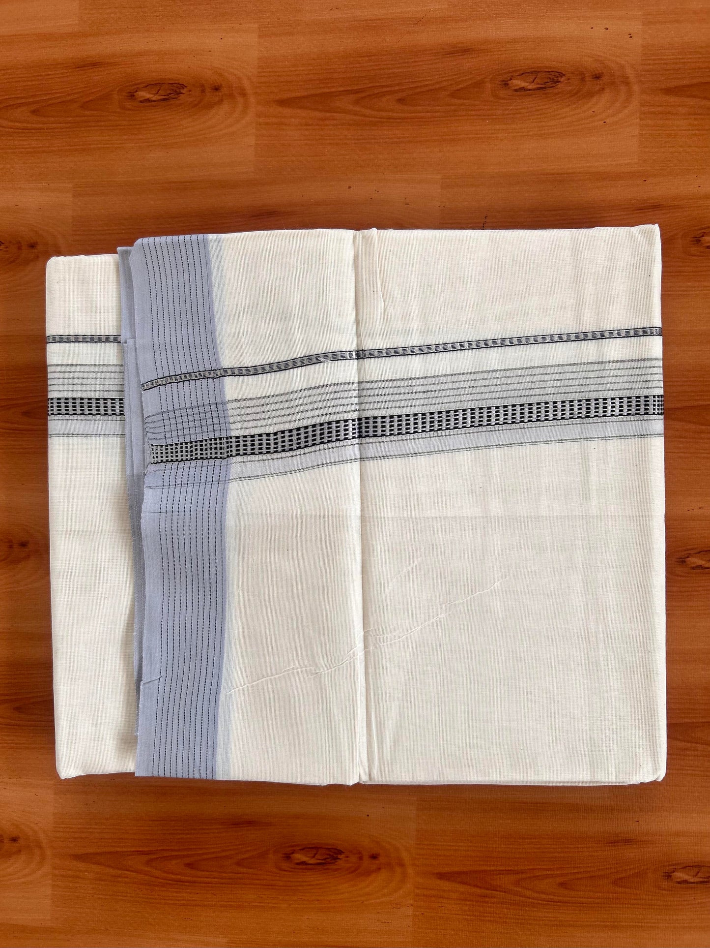Double Off White  Mundu/Dhoti- 20% Discount! KaithariKada Balaramapuram Pure Cotton - 100x100 - 1.25 inch Silver Kasav & Greyish Lavender & Black Design Striped Kara - 4mtr (8.5muzham) - 6 KK5428 VAS