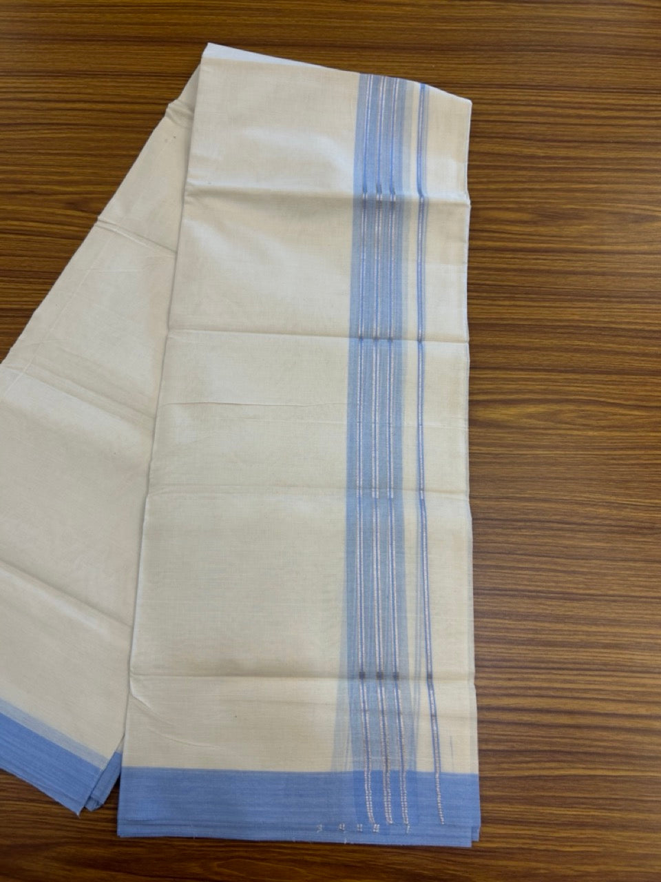 20% Discount ! KaithariKada Balaramapuram 100% Cotton Off White (Unbleached) Double Mundu/Dhoti - 80s - 2 inch Silver Kasav & Sky Blue Shaded Stripes kara 4 mtr (8.5 muzham) - 15 KK5302 MUT