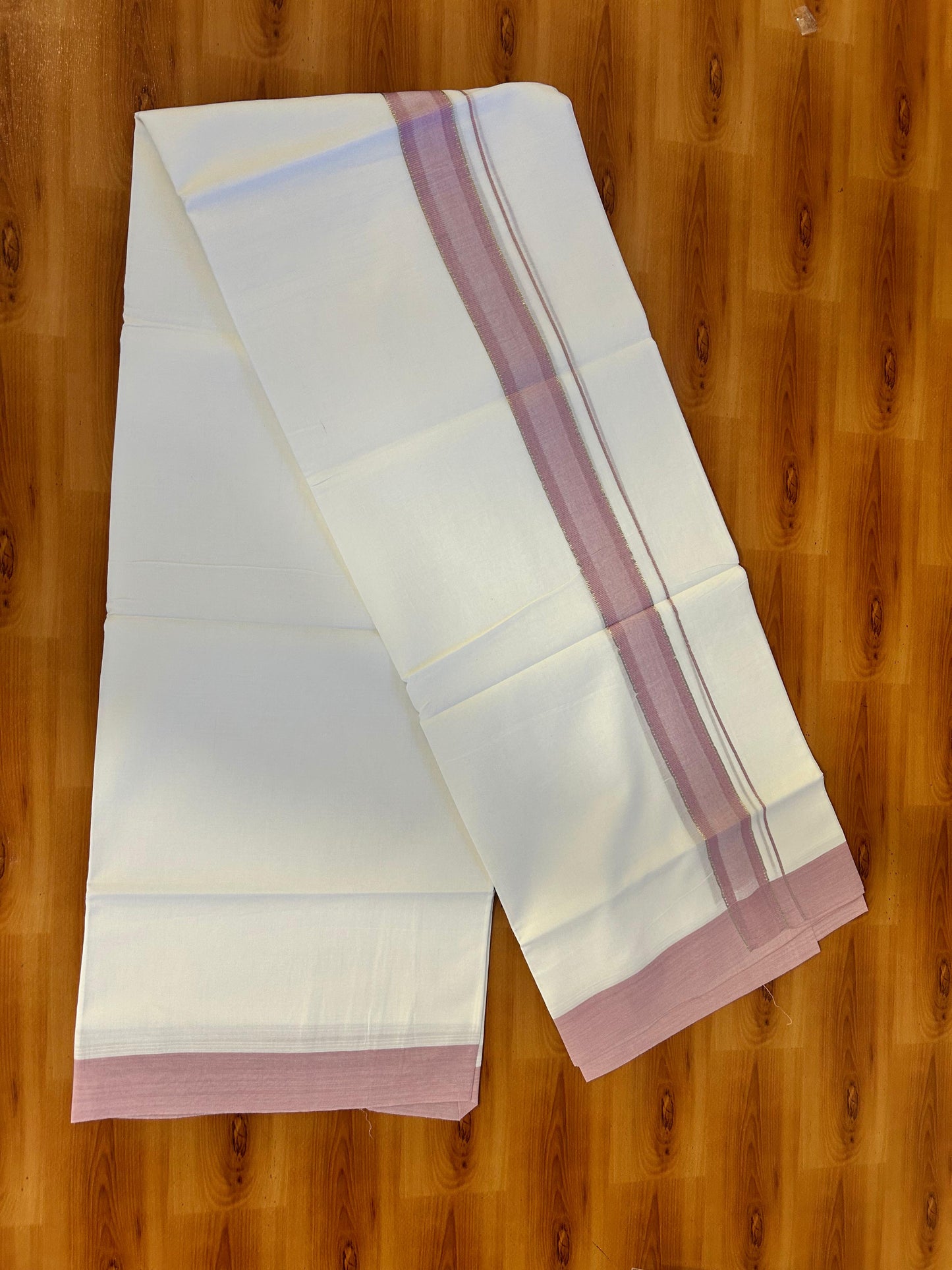 Pure White Double Mundu/Dothi - 20% Discount ! Kaitharikada 100% Cotton 100x100 - 1.5 inch Silver Kasav & Pastel Pink Shaded Stripes Kara 3.80 m (8 muzham) - 8 KK5476 MC