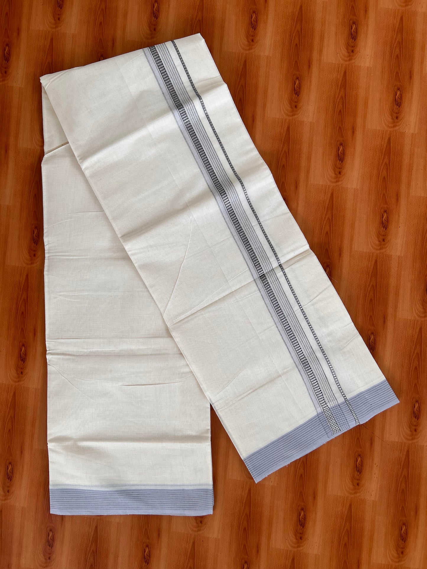 Double Off White  Mundu/Dhoti- 20% Discount! KaithariKada Balaramapuram Pure Cotton - 100x100 - 1.25 inch Silver Kasav & Greyish Lavender & Black Design Striped Kara - 4mtr (8.5muzham) - 6 KK5428 VAS