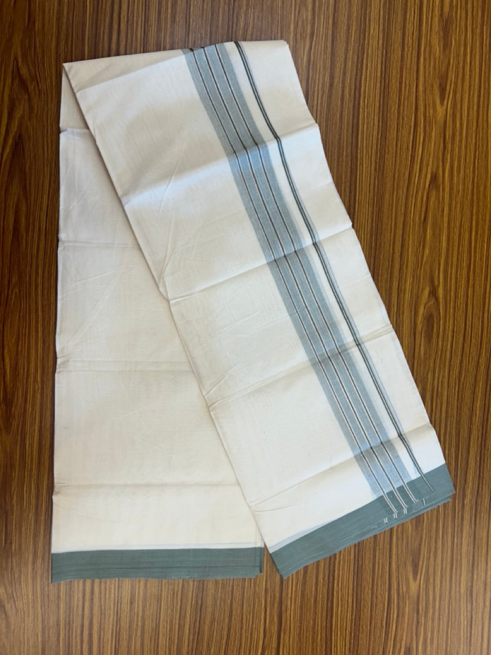20% Discount ! KaithariKada Balaramapuram 100% Cotton Off White (Unbleached) Double Mundu/Dhoti - 80s - 2 inch Silver Kasav & Greyish Green Shaded Stripes kara 4 mtr (8.5 muzham) - 17 KK5302 MUT