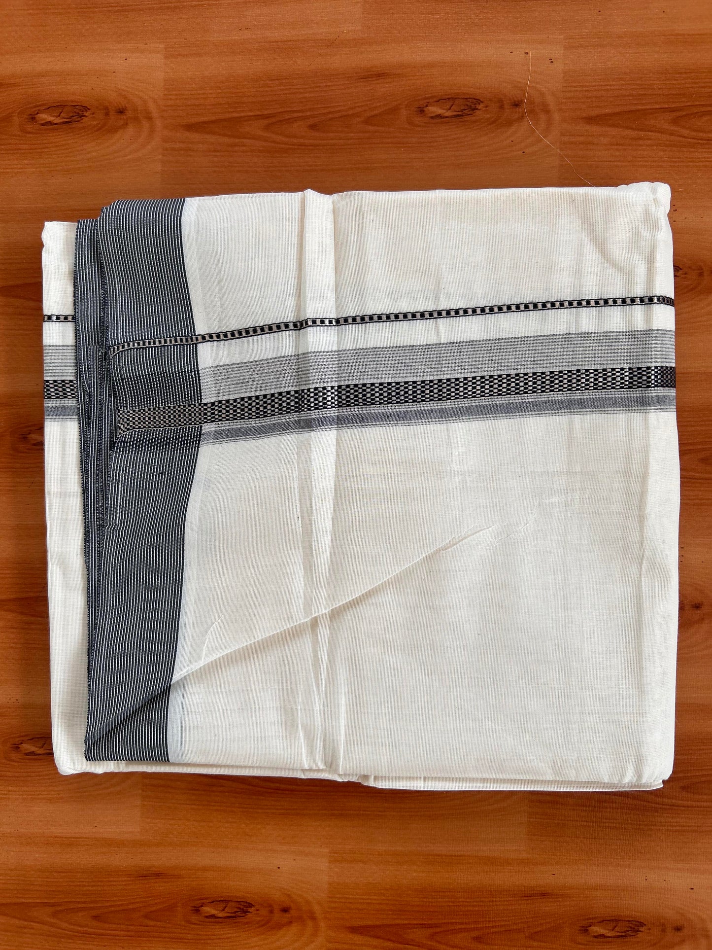Double Off White  Mundu/Dhoti- 20% Discount! KaithariKada Balaramapuram Pure Cotton - 100x100 - 1.25 inch Silver Kasav & Black Design Striped Kara - 4mtr (8.5muzham) - 9 KK5428 VAS