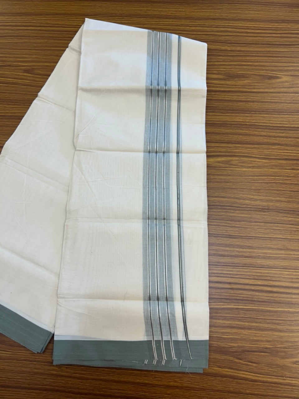 20% Discount ! KaithariKada Balaramapuram 100% Cotton Off White (Unbleached) Double Mundu/Dhoti - 80s - 2 inch Silver Kasav & Greyish Green Shaded Stripes kara 4 mtr (8.5 muzham) - 17 KK5302 MUT