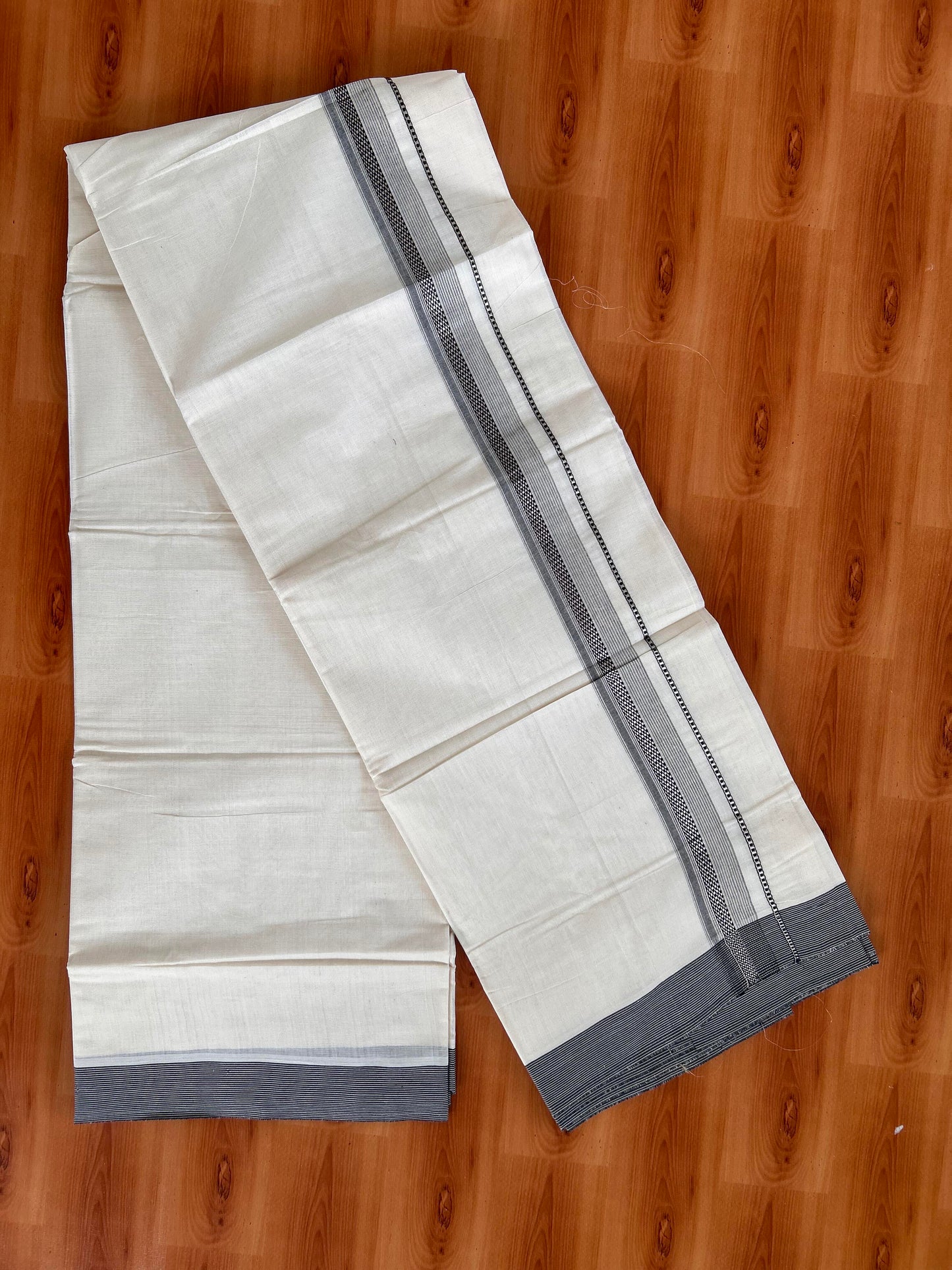 Double Off White  Mundu/Dhoti- 20% Discount! KaithariKada Balaramapuram Pure Cotton - 100x100 - 1.25 inch Silver Kasav & Black Design Striped Kara - 4mtr (8.5muzham) - 9 KK5428 VAS