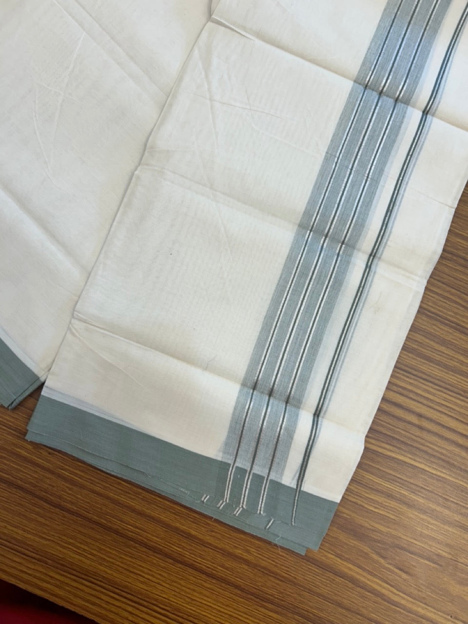 20% Discount ! KaithariKada Balaramapuram 100% Cotton Off White (Unbleached) Double Mundu/Dhoti - 80s - 2 inch Silver Kasav & Greyish Green Shaded Stripes kara 4 mtr (8.5 muzham) - 17 KK5302 MUT