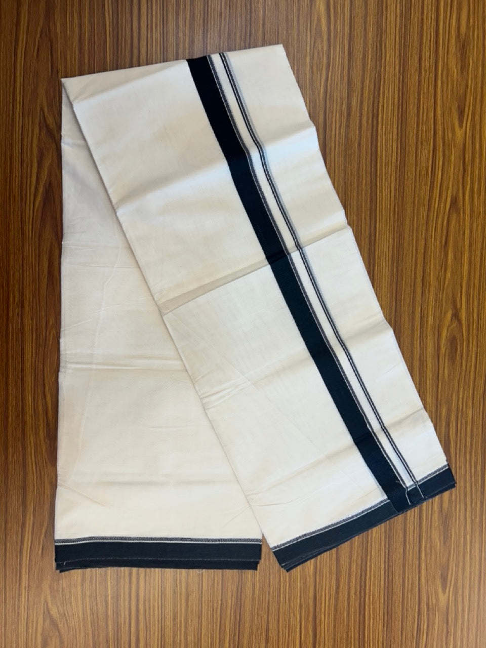 20% Discount ! KaithariKada Balaramapuram 100% Cotton Off White (Unbleached) Double Mundu/Dhoti - 80s - 1 inch Black Design kara 4 mtr (8.5 muzham) - 24 KK5302 MUT