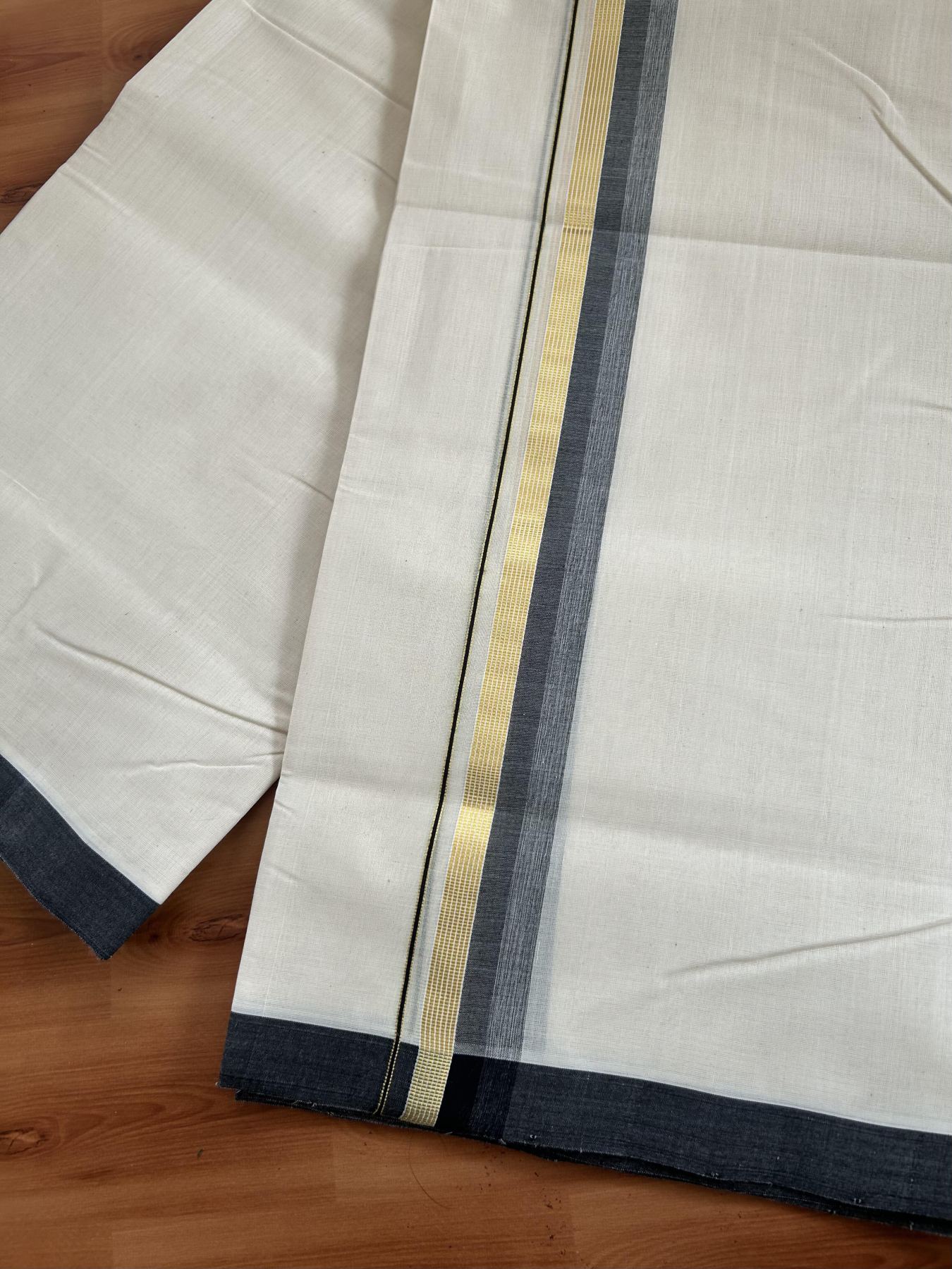 Double Off White (Unbleached) Mundu/Dhoti- 25% Discount! KaithariKada Handloom Millpaav - Kerala Handloom - Cotton - 80x90 - 1.25 inch Gold Kasav & Black Shaded Striped Kara 4.50 meter (10 Muzham) - 26 KK5396 RAM