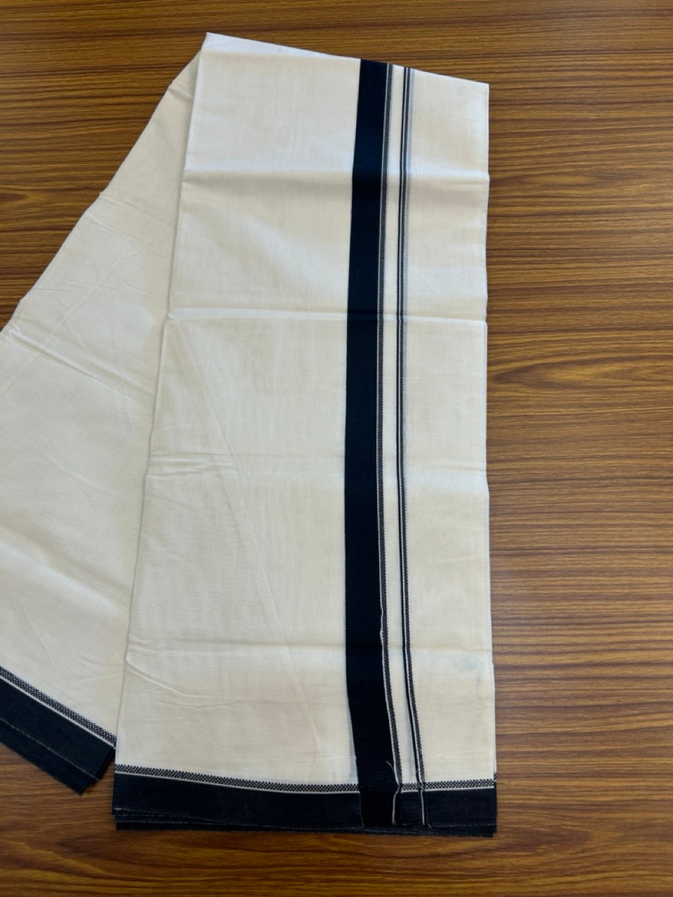 20% Discount ! KaithariKada Balaramapuram 100% Cotton Off White (Unbleached) Double Mundu/Dhoti - 80s - 1 inch Black Design kara 4 mtr (8.5 muzham) - 24 KK5302 MUT