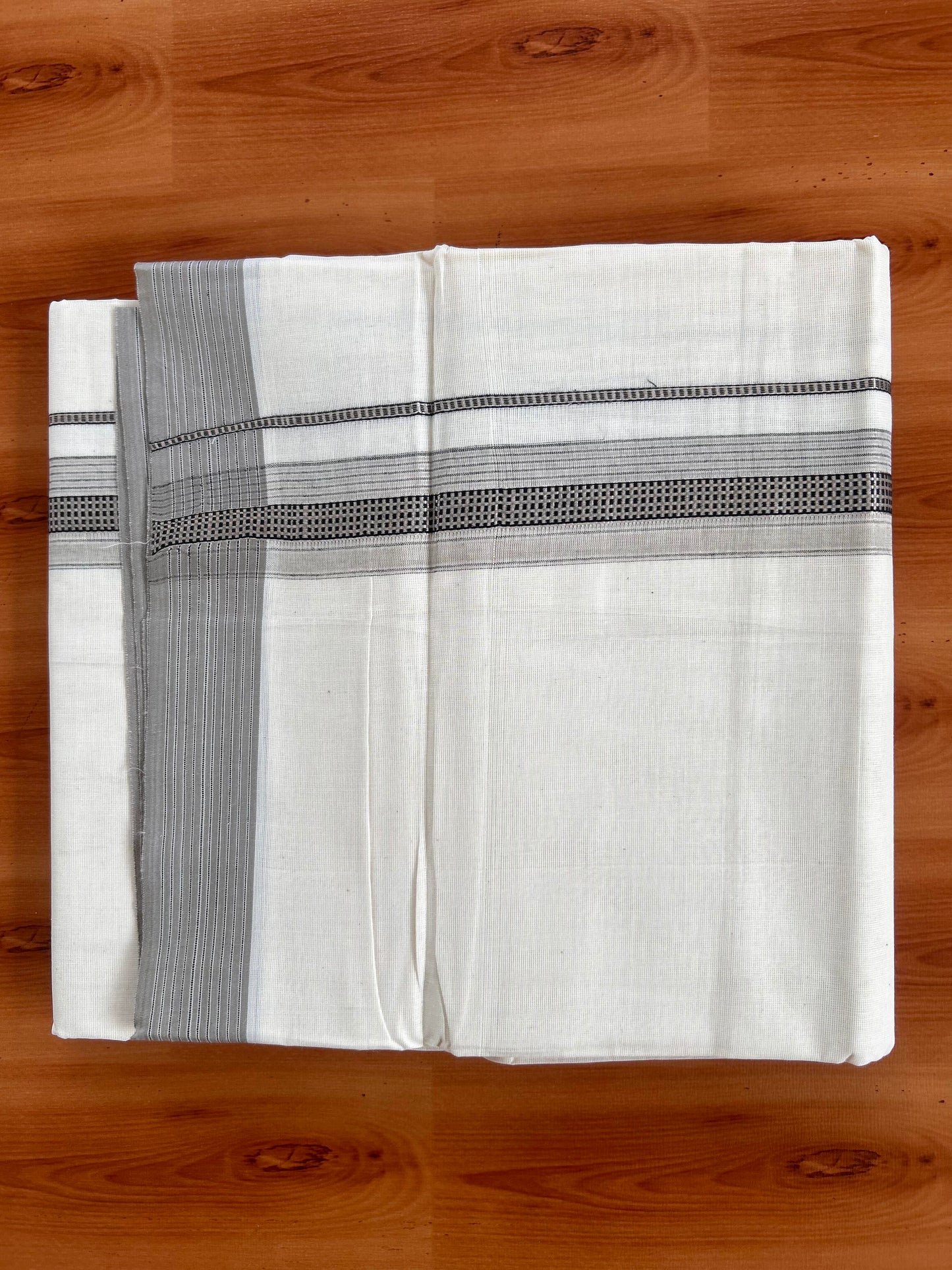 Double Off White  Mundu/Dhoti- 20% Discount! KaithariKada Balaramapuram Pure Cotton - 100x100 - 1.25 inch Silver Kasav & Light Brown & Black Design Striped Kara - 4mtr (8.5muzham) - 7 KK5428 VAS