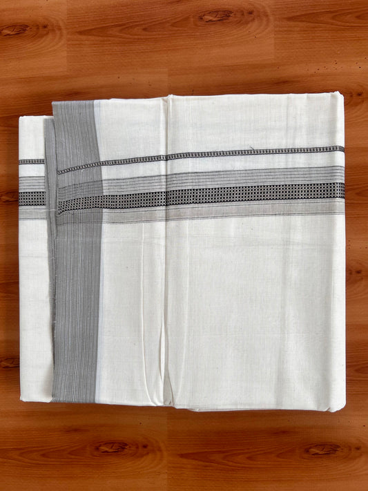 Double Off White  Mundu/Dhoti- 20% Discount! KaithariKada Balaramapuram Pure Cotton - 100x100 - 1.25 inch Silver Kasav & Light Brown & Black Design Striped Kara - 4mtr (8.5muzham) - 7 KK5428 VAS