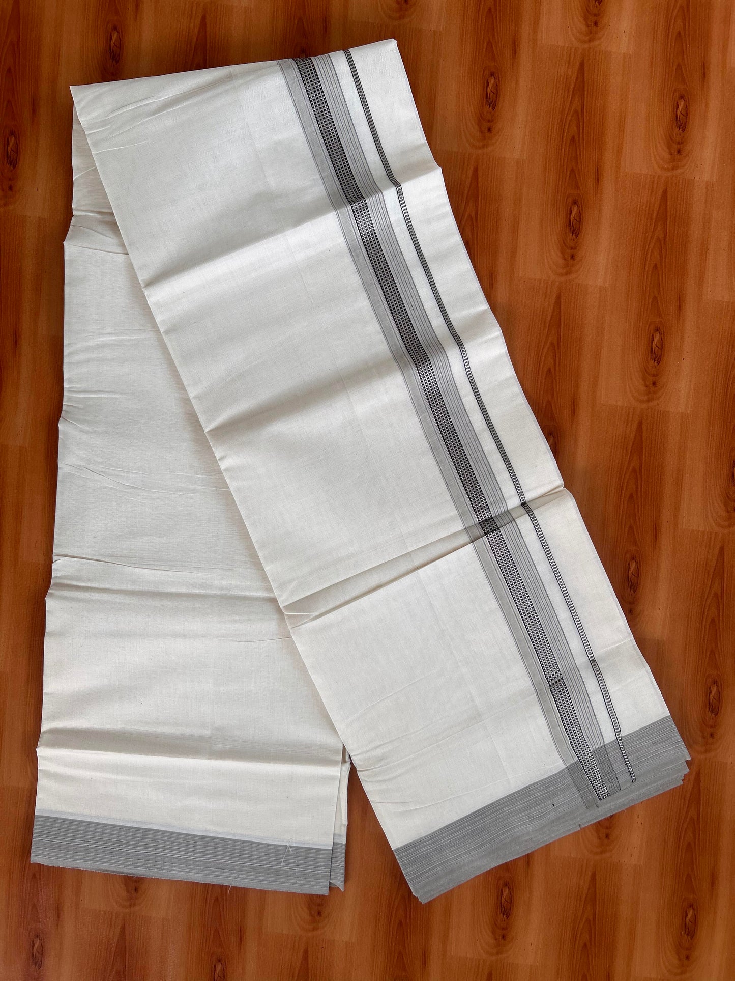Double Off White  Mundu/Dhoti- 20% Discount! KaithariKada Balaramapuram Pure Cotton - 100x100 - 1.25 inch Silver Kasav & Light Brown & Black Design Striped Kara - 4mtr (8.5muzham) - 7 KK5428 VAS