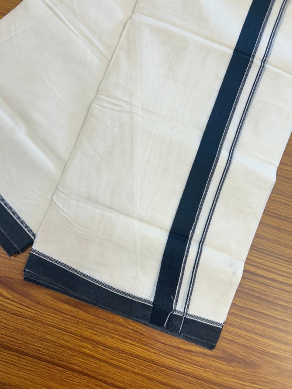 20% Discount ! KaithariKada Balaramapuram 100% Cotton Off White (Unbleached) Double Mundu/Dhoti - 80s - 1 inch Black Design kara 4 mtr (8.5 muzham) - 24 KK5302 MUT