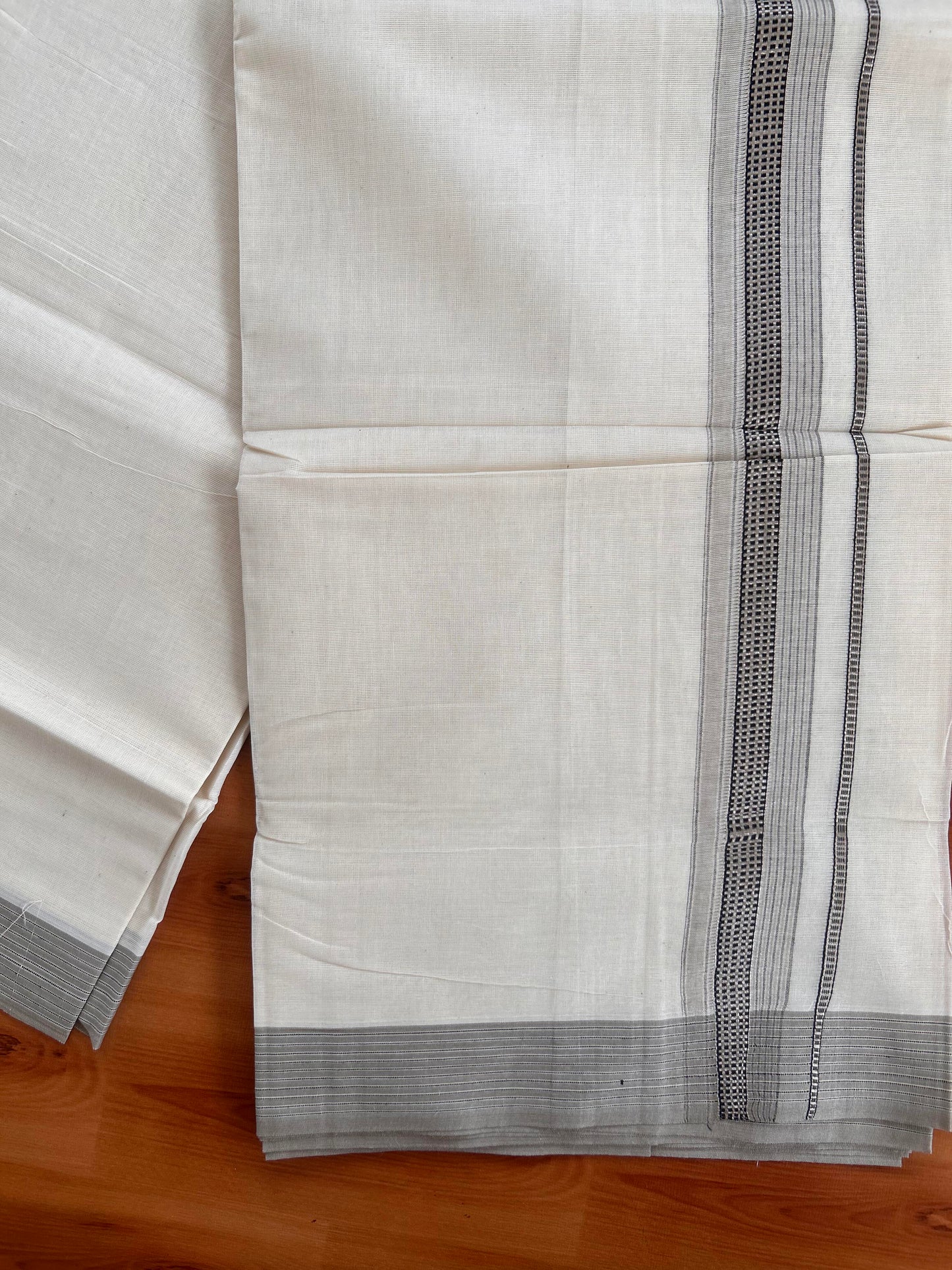 Double Off White  Mundu/Dhoti- 20% Discount! KaithariKada Balaramapuram Pure Cotton - 100x100 - 1.25 inch Silver Kasav & Light Brown & Black Design Striped Kara - 4mtr (8.5muzham) - 7 KK5428 VAS